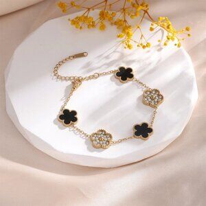 Gold-Toned Stainless Steel Black & Stones Flower Motif Bracelet